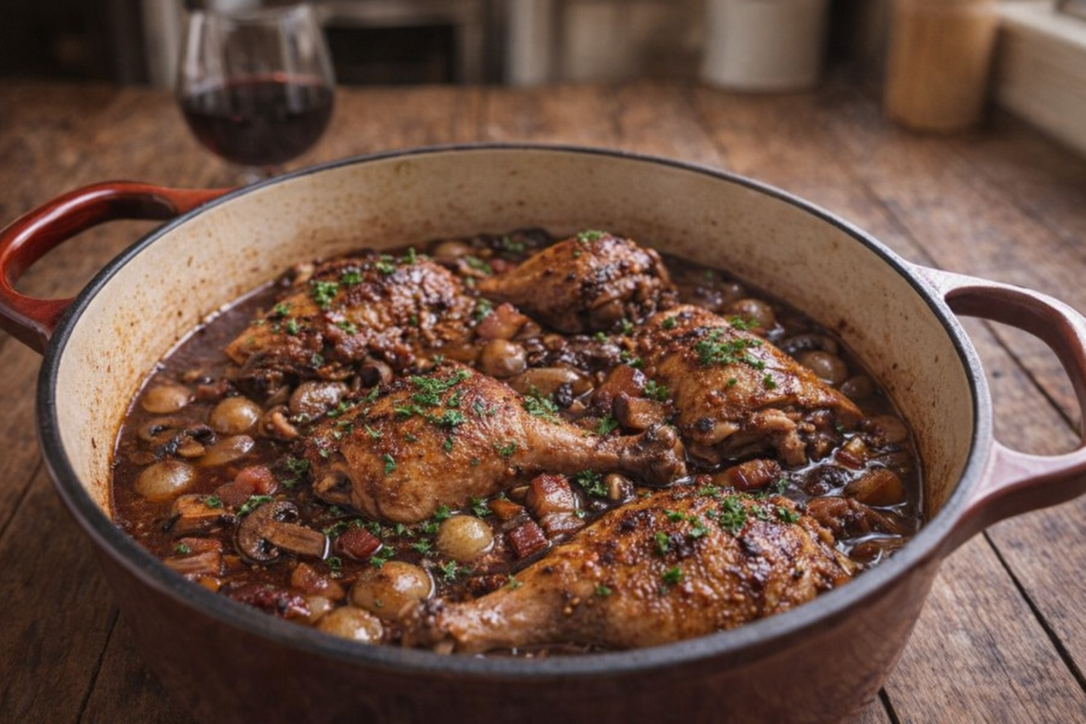 A top-down, eye-level shot of Coq au Vin in a Dutch oven, garnished with parsley, warm lighting, rustic wooden table